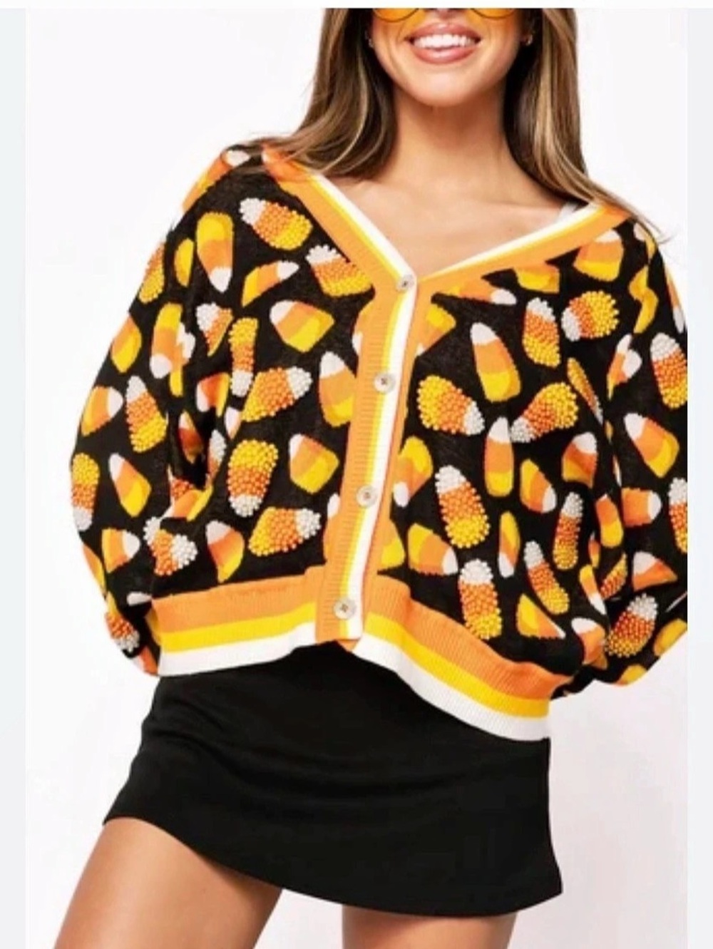 Queen of Sparkles Candy Corn Beaded Halloween Cardigan in Black & Orange New Sz